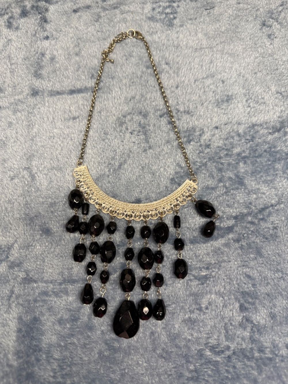Silver-Tone Statement Necklace with Black Faceted Beads